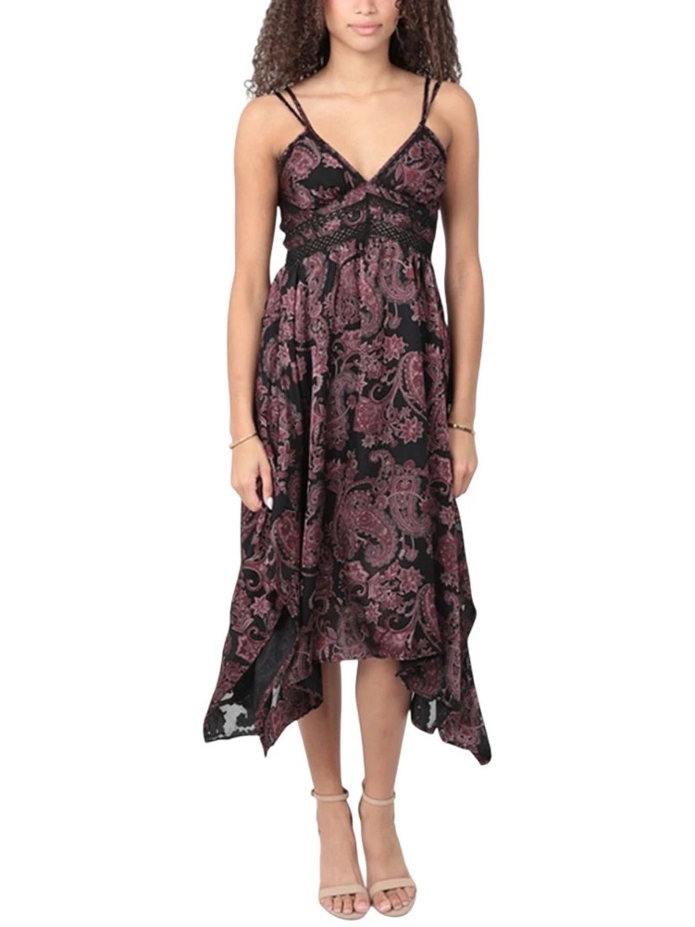 Angie Paisley Print Hanky Hem Midi Dress with Lace Trim Small NWT